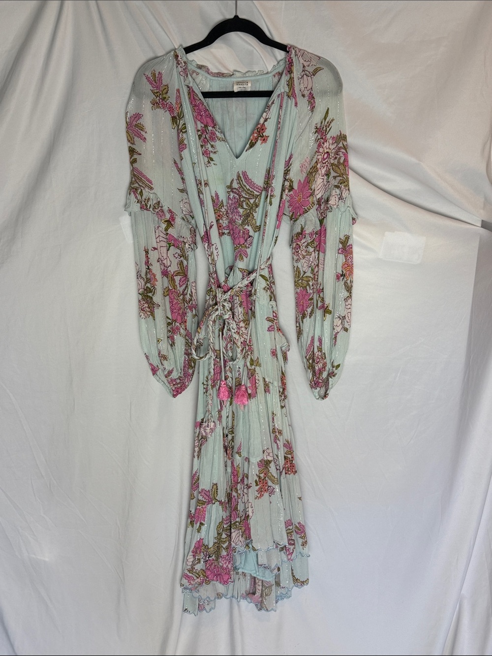 HEMANT & NANDITA Mint Maxi Dress with Pink Floral Print